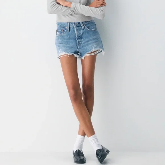 Levi's Light Blue Distressed Denim Jean Shorts - Picture 4 of 12